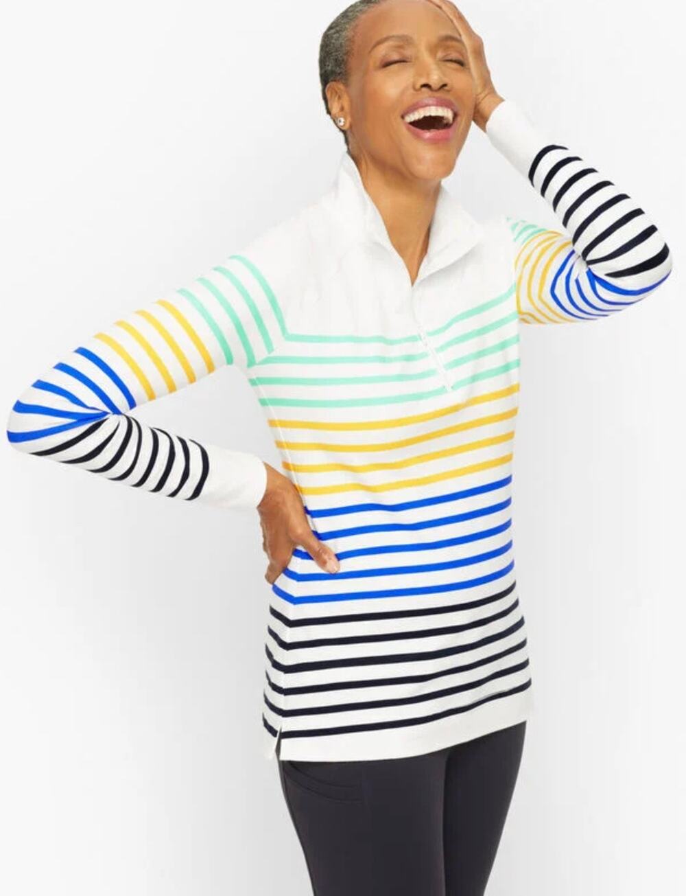 T by Talbots Womens L Petite Multicolor Stripe Half Zip Pullover Casual Top